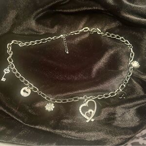 Silver Gun Metal tone Charm Necklace Hearts, Key, Flower, Keyhole